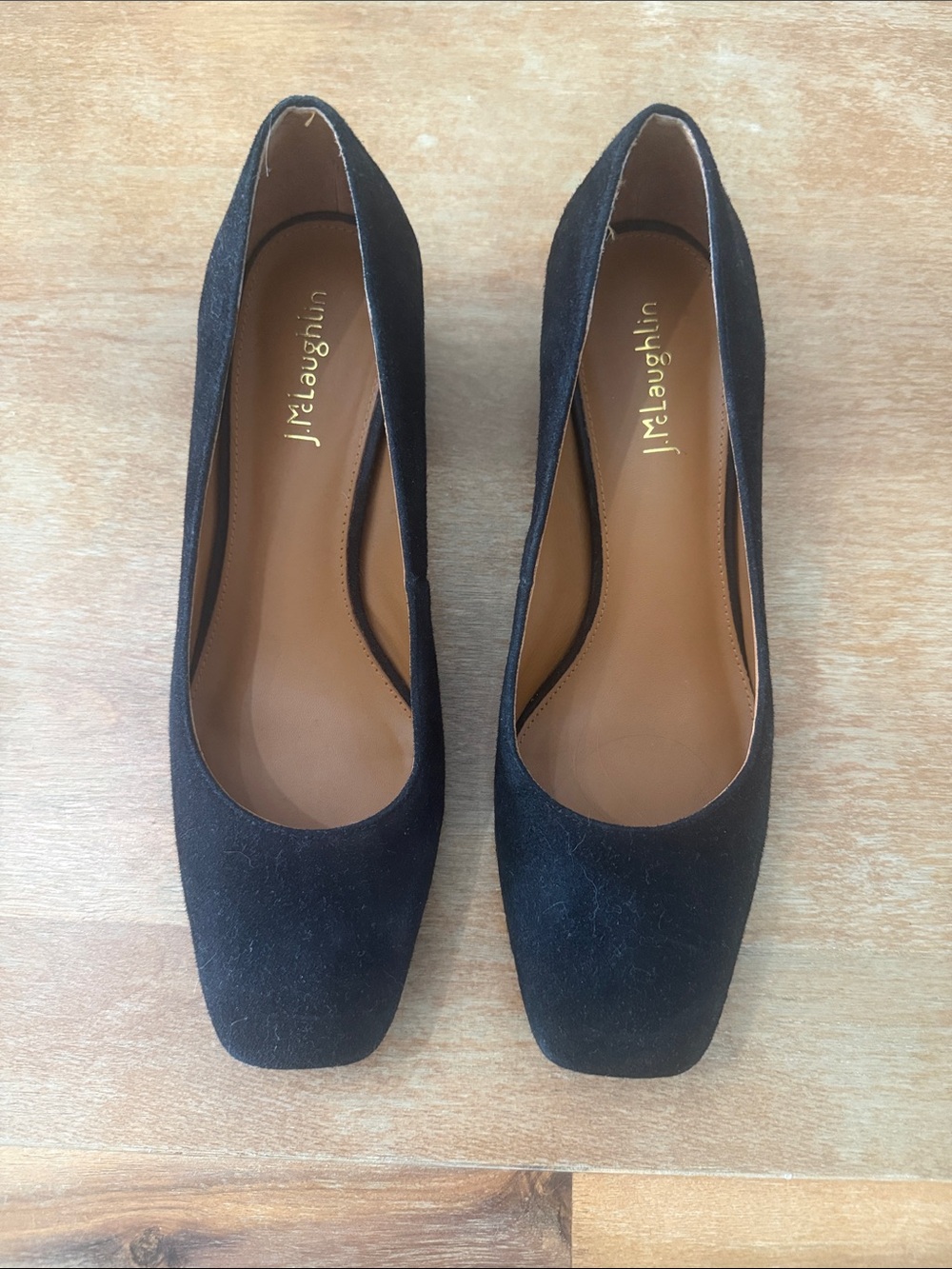 J. McLaughlin classic black suede square toe block heels